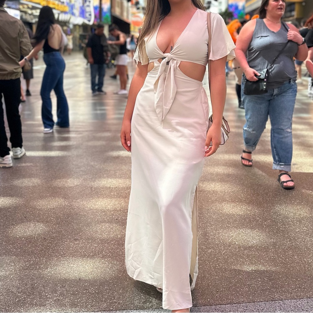 SHEIN Cream Tie-Front Cutout Maxi Dress with Flutter Sleeves